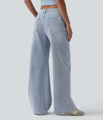 Halara Flex™ Mid Rise Washed Baggy Wide Leg Casual Jeans with Pockets
