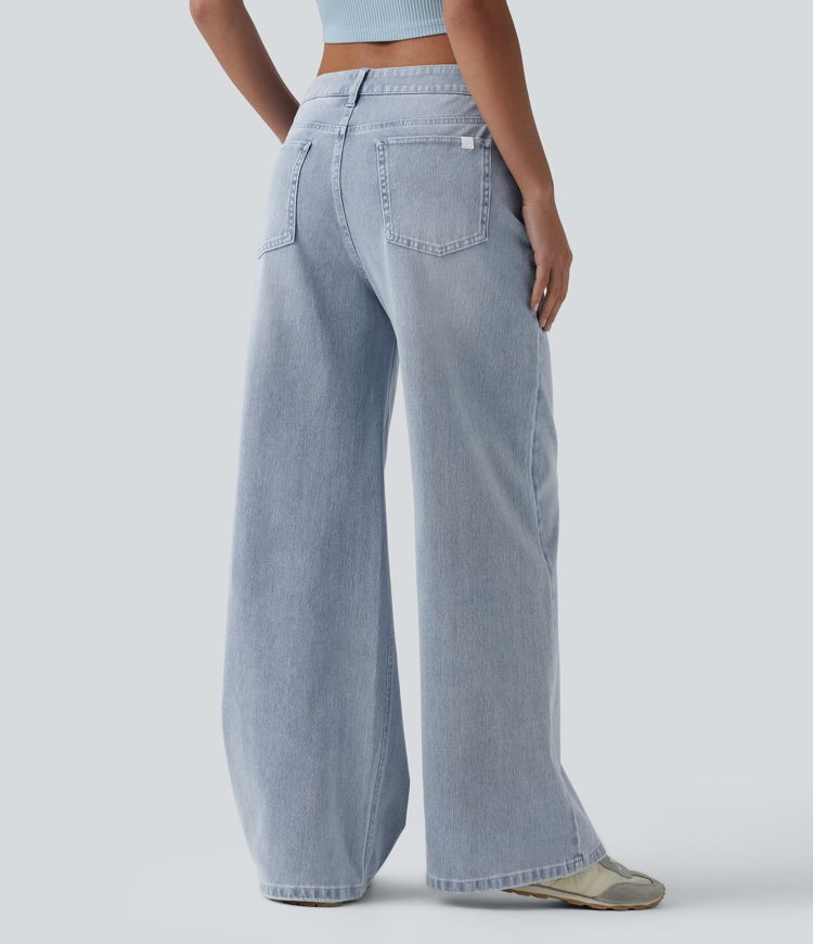 Halara Flex™ Mid Rise Washed Baggy Wide Leg Casual Jeans with Pockets