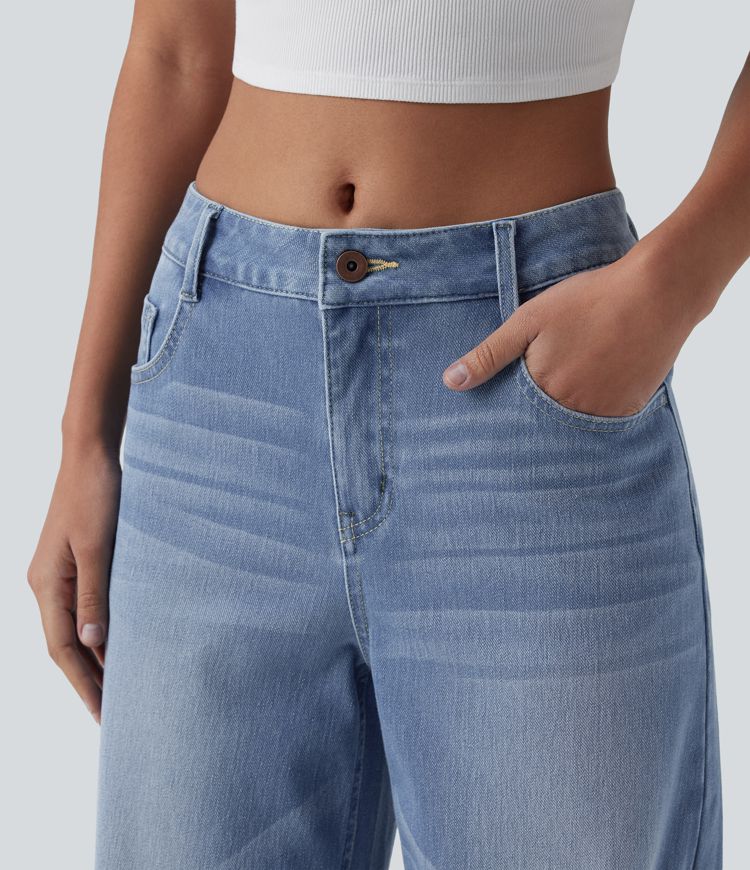 Halara Flex™ - Lässige, verwaschene Baggy-Jeans mit mittelhohem Bund, mehreren Taschen und weitem Bein