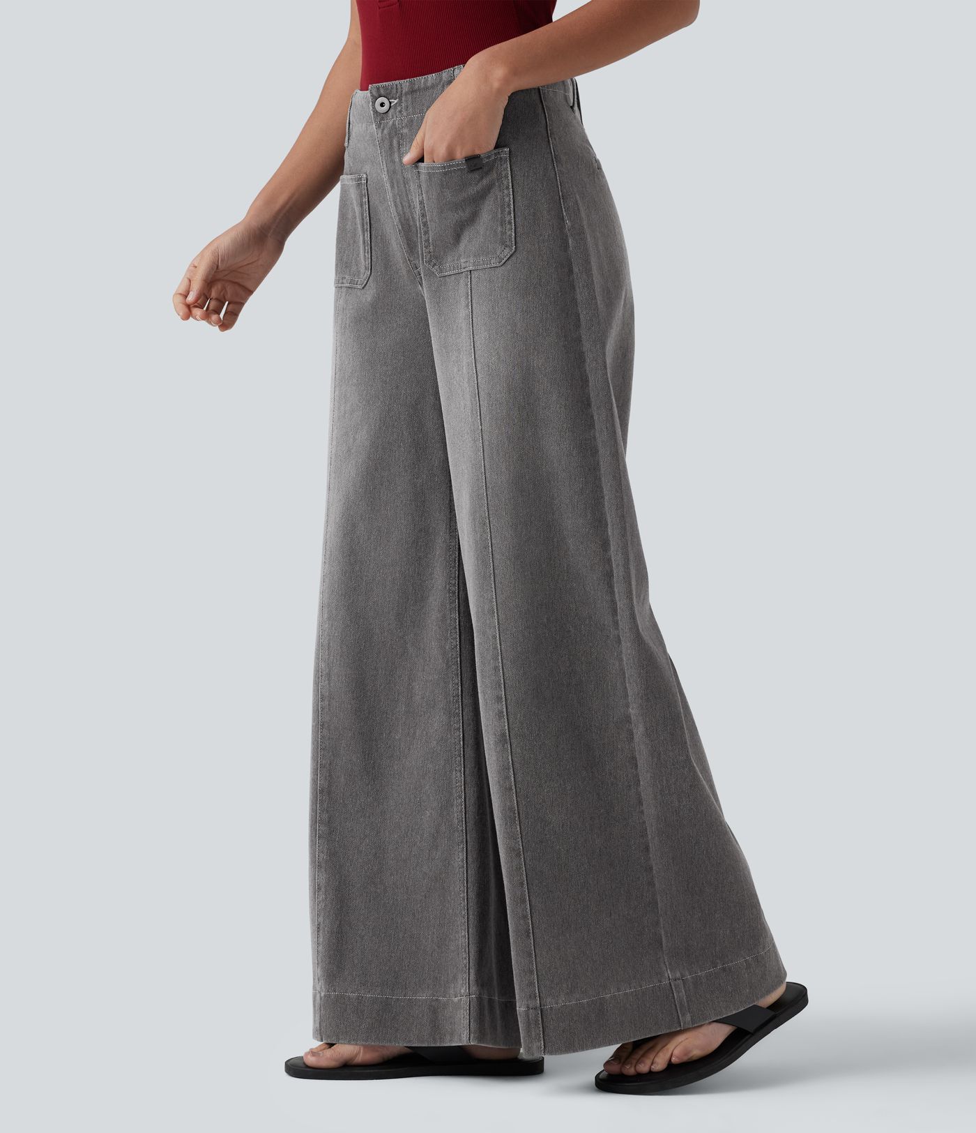 Halara Flex™ High Waisted Pockets Washed Casual Wide Leg Jeans