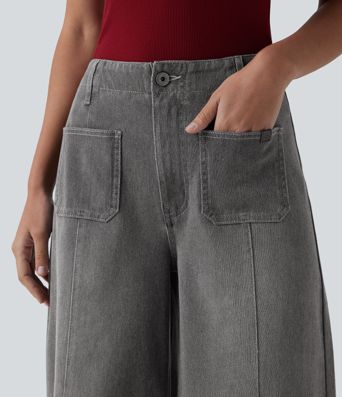 Halara Flex™ High Waisted Pockets Washed Casual Wide Leg Jeans