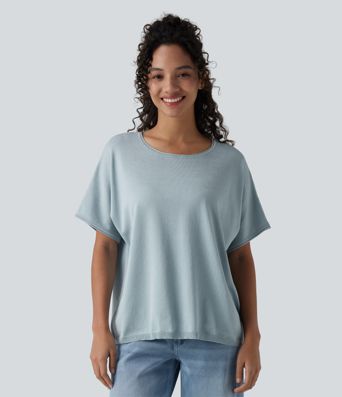 Round Neck Batwing Short Sleeve Casual Sweater