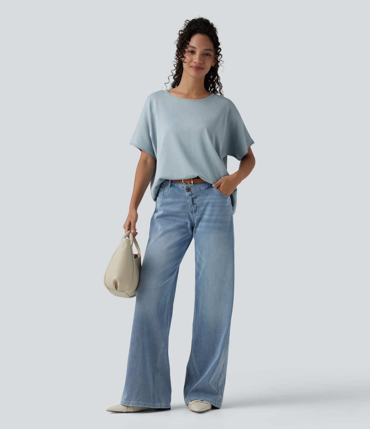 Round Neck Batwing Short Sleeve Casual Sweater