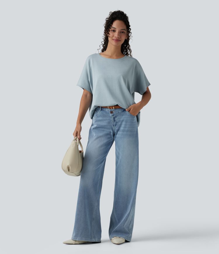 Round Neck Batwing Short Sleeve Casual Sweater