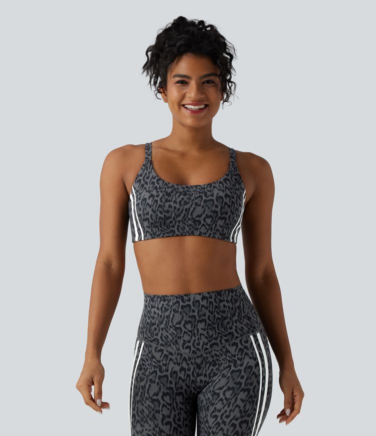 Halara UltraSculpt™ Leopard Print Medium Support Color Block Stripes Training Sports Bra