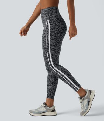 Halara UltraSculpt™ leggings 7/8 de entrenamiento con estampado de leopardo, talle alto, control de abdomen, bloques de color con rayas y bolsillos