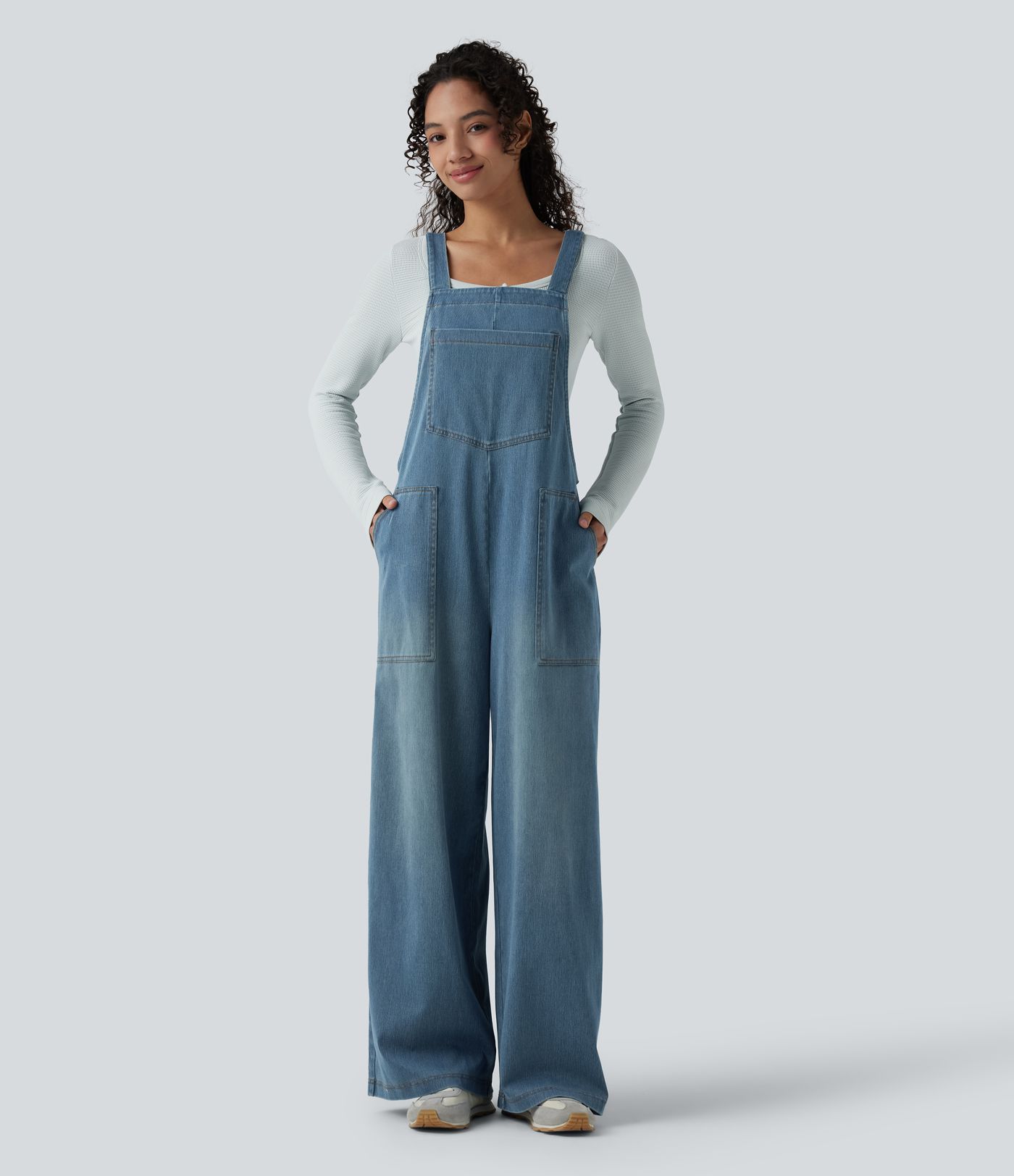 Halara Flex™ Square Neck Washed Denim Casual Overalls with Pockets