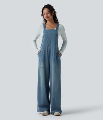 Halara Flex™ Square Neck Washed Denim Casual Overalls with Pockets
