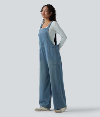 Halara Flex™ Square Neck Washed Denim Casual Overalls with Pockets