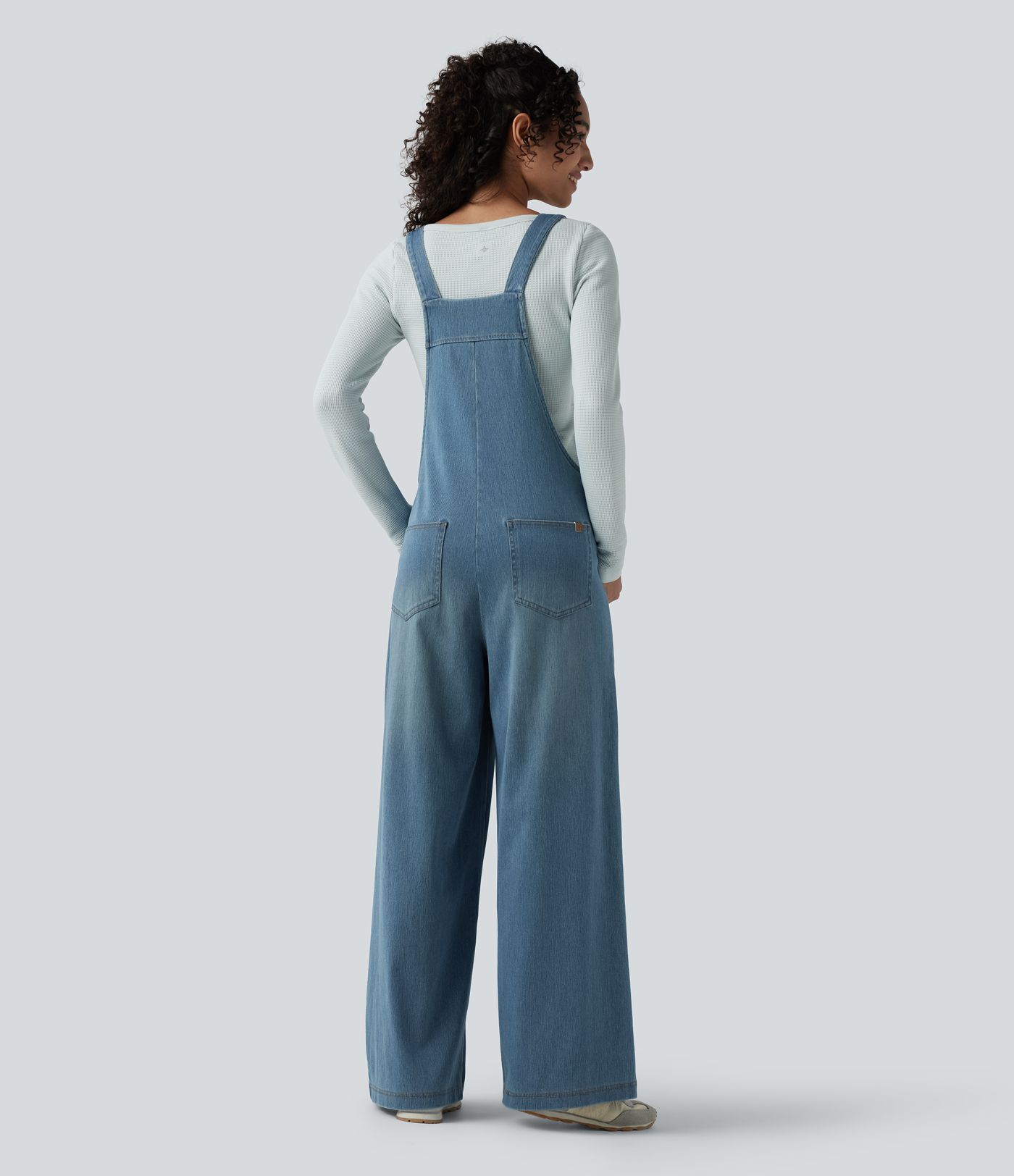 Halara Flex™ Square Neck Washed Denim Casual Overalls with Pockets
