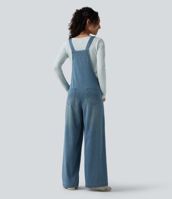 Halara Flex™ Square Neck Washed Denim Casual Overalls with Pockets