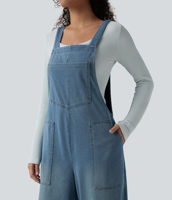 Halara Flex™ Square Neck Washed Denim Casual Overalls with Pockets
