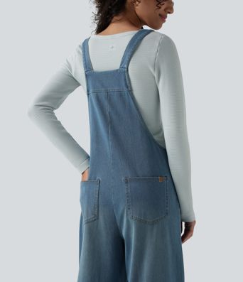 Halara Flex™ Square Neck Washed Denim Casual Overalls with Pockets