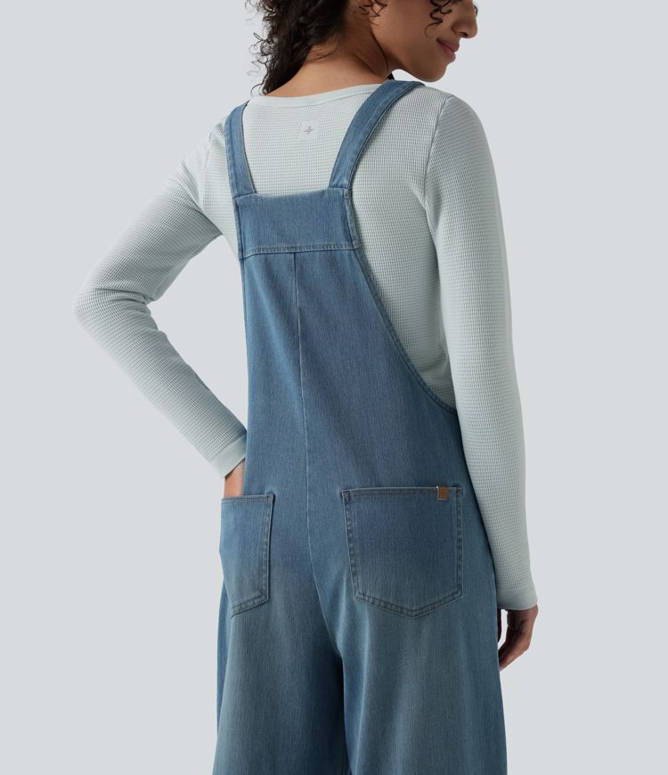 Halara Flex™ Square Neck Washed Denim Casual Overalls with Pockets