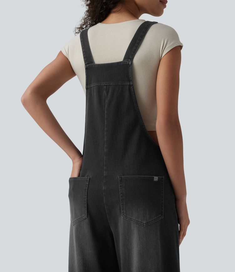 Halara Flex™ Square Neck Washed Denim Casual Overalls with Pockets
