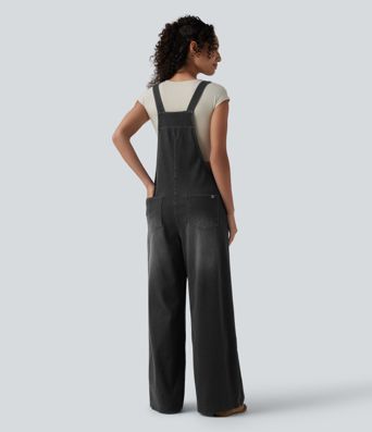 Halara Flex™ Square Neck Washed Denim Casual Overalls with Pockets