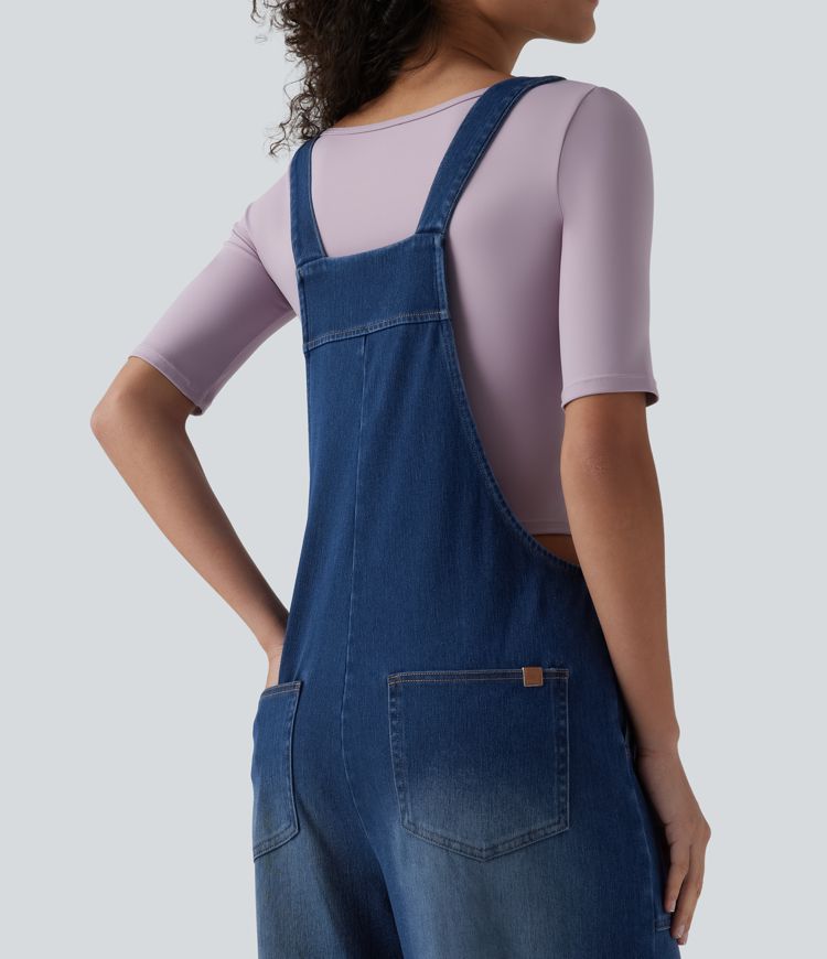 Halara Flex™ Square Neck Washed Denim Casual Overalls with Pockets