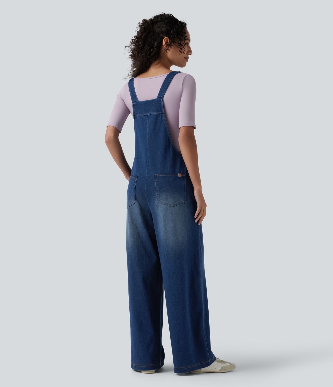 Halara Flex™ Square Neck Washed Denim Casual Overalls with Pockets
