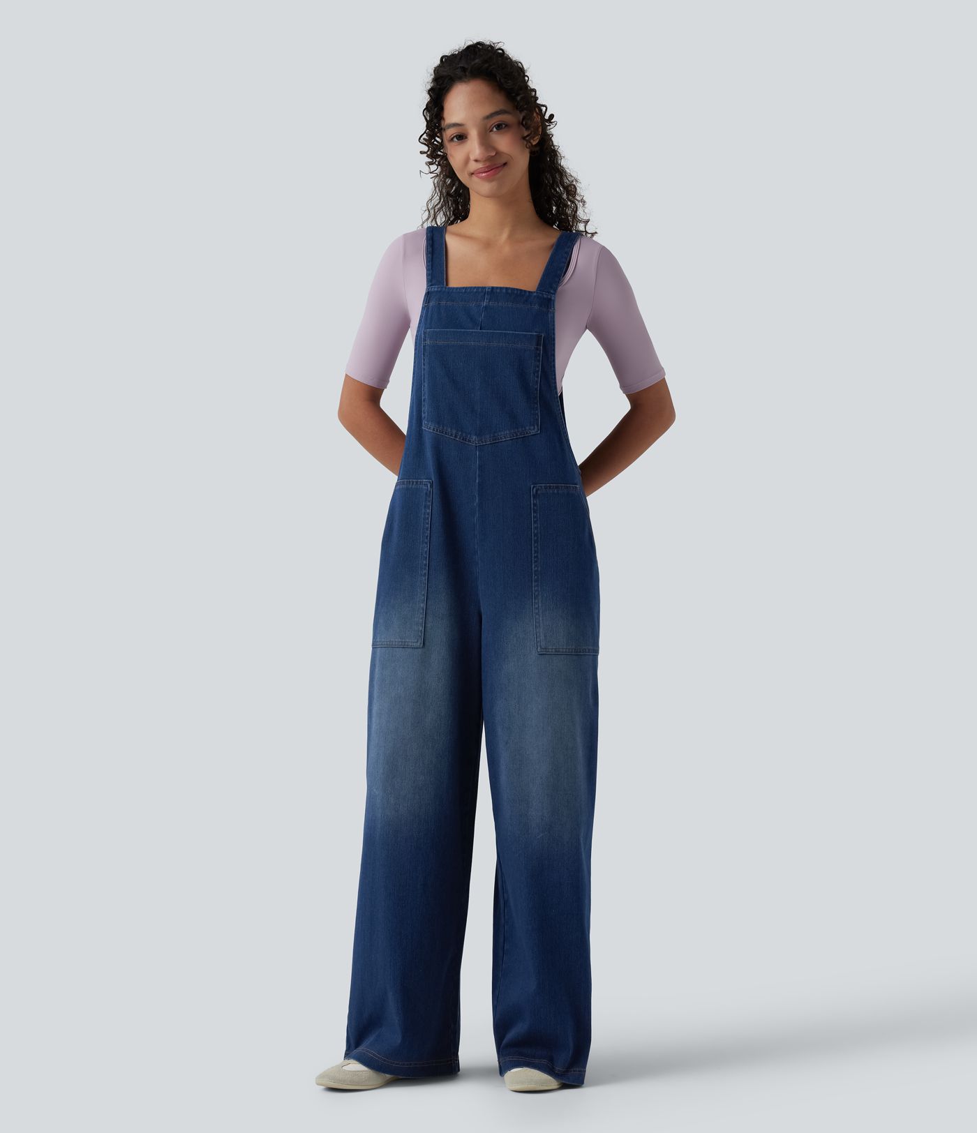 Halara Flex™ Square Neck Washed Denim Casual Overalls with Pockets