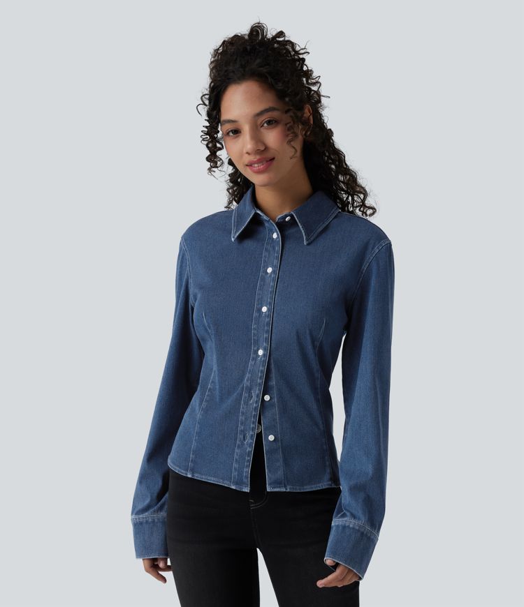 Halara Flex™ Long Sleeve Draped Lyocell Denim Casual Shirt