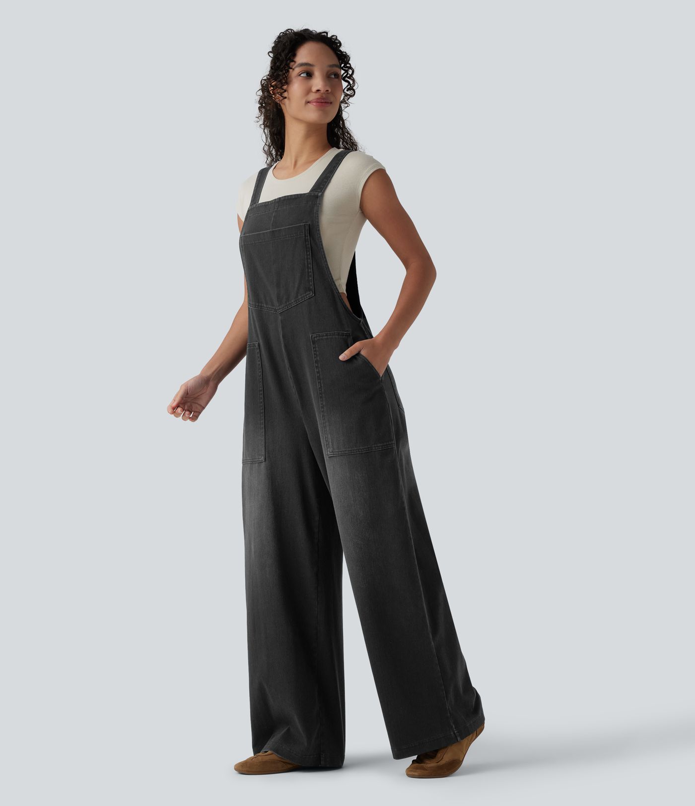 Halara Flex™ Square Neck Washed Denim Casual Overalls with Pockets