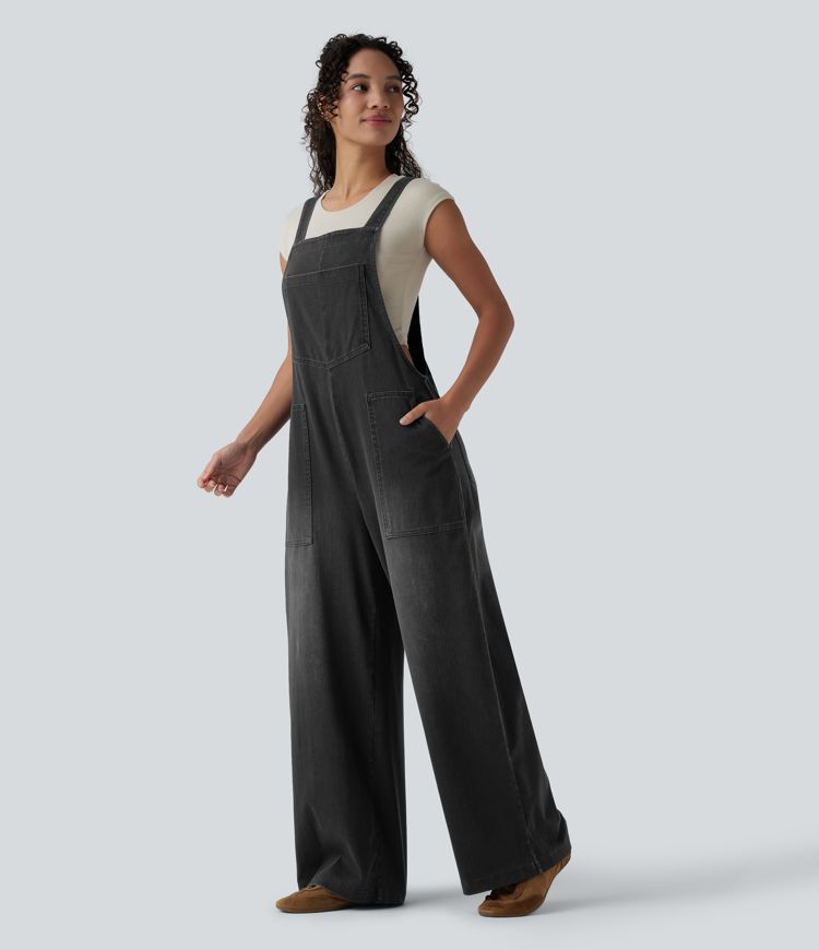 Halara Flex™ Square Neck Washed Denim Casual Overalls with Pockets