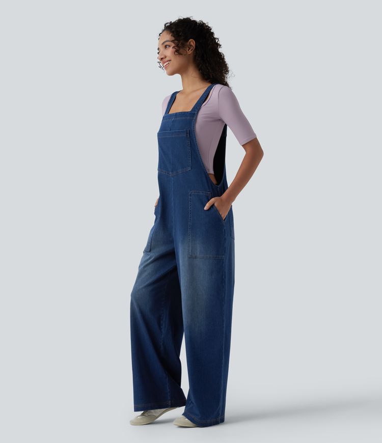 Halara Flex™ Square Neck Washed Denim Casual Overalls with Pockets