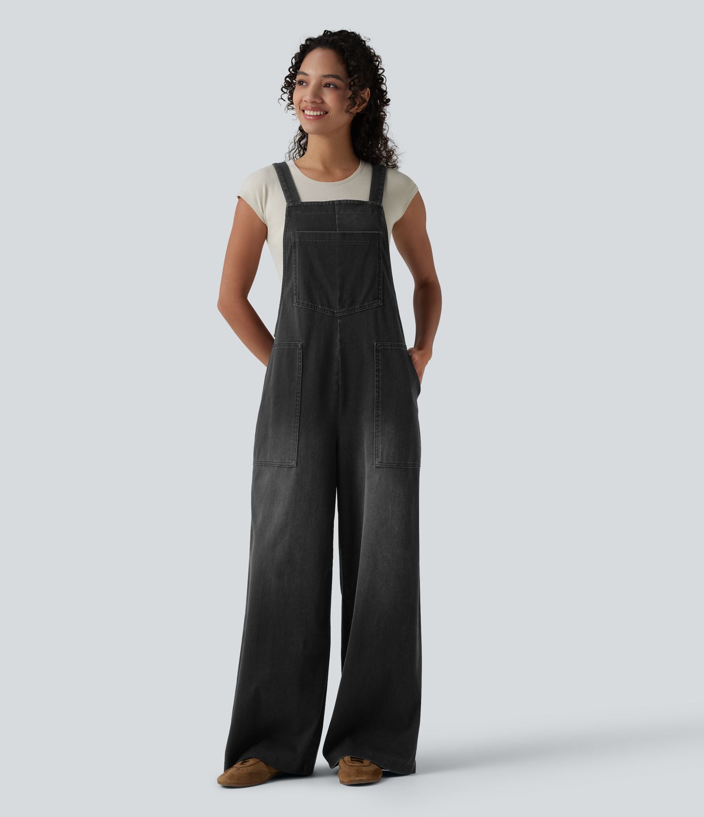 Halara Flex™ Square Neck Washed Denim Casual Overalls with Pockets