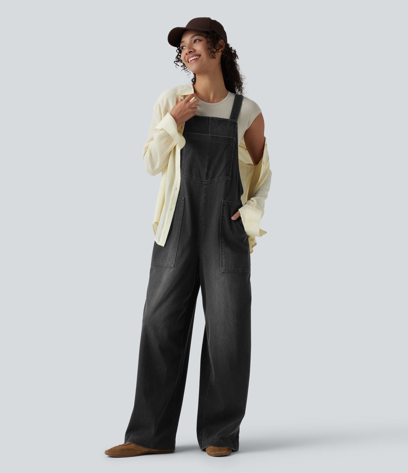 Halara Flex™ Square Neck Washed Denim Casual Overalls with Pockets
