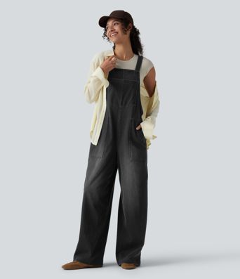 Halara Flex™ Square Neck Washed Denim Casual Overalls with Pockets