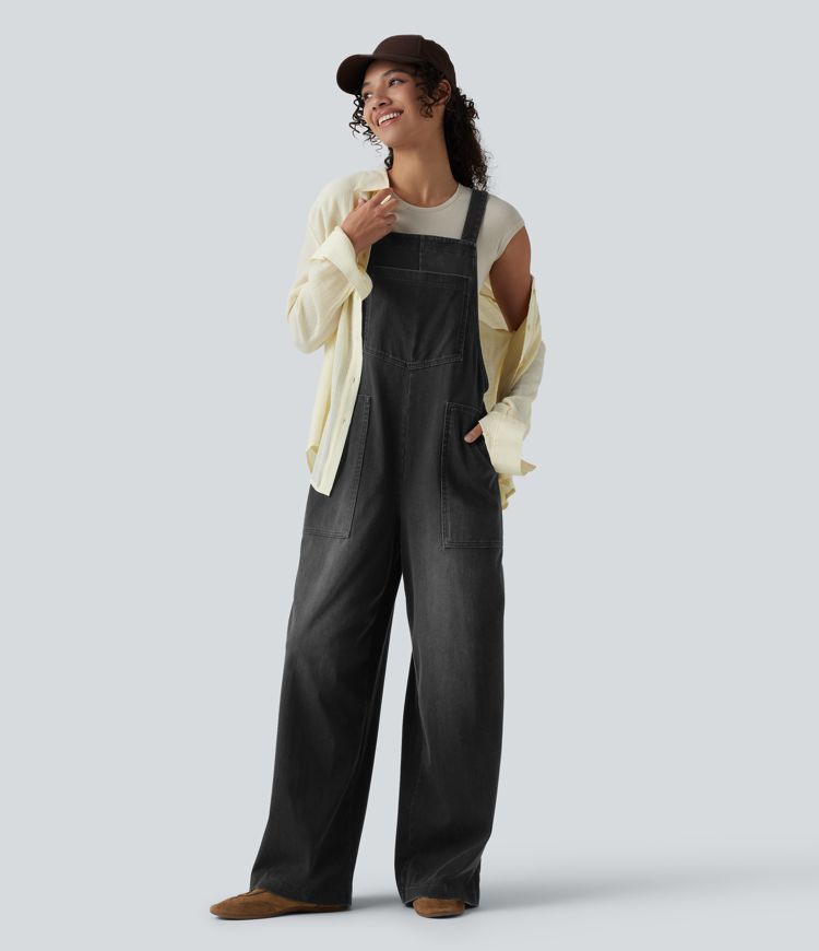 Halara Flex™ Square Neck Washed Denim Casual Overalls with Pockets