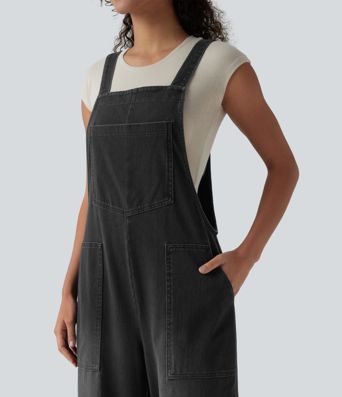 Halara Flex™ Square Neck Washed Denim Casual Overalls with Pockets