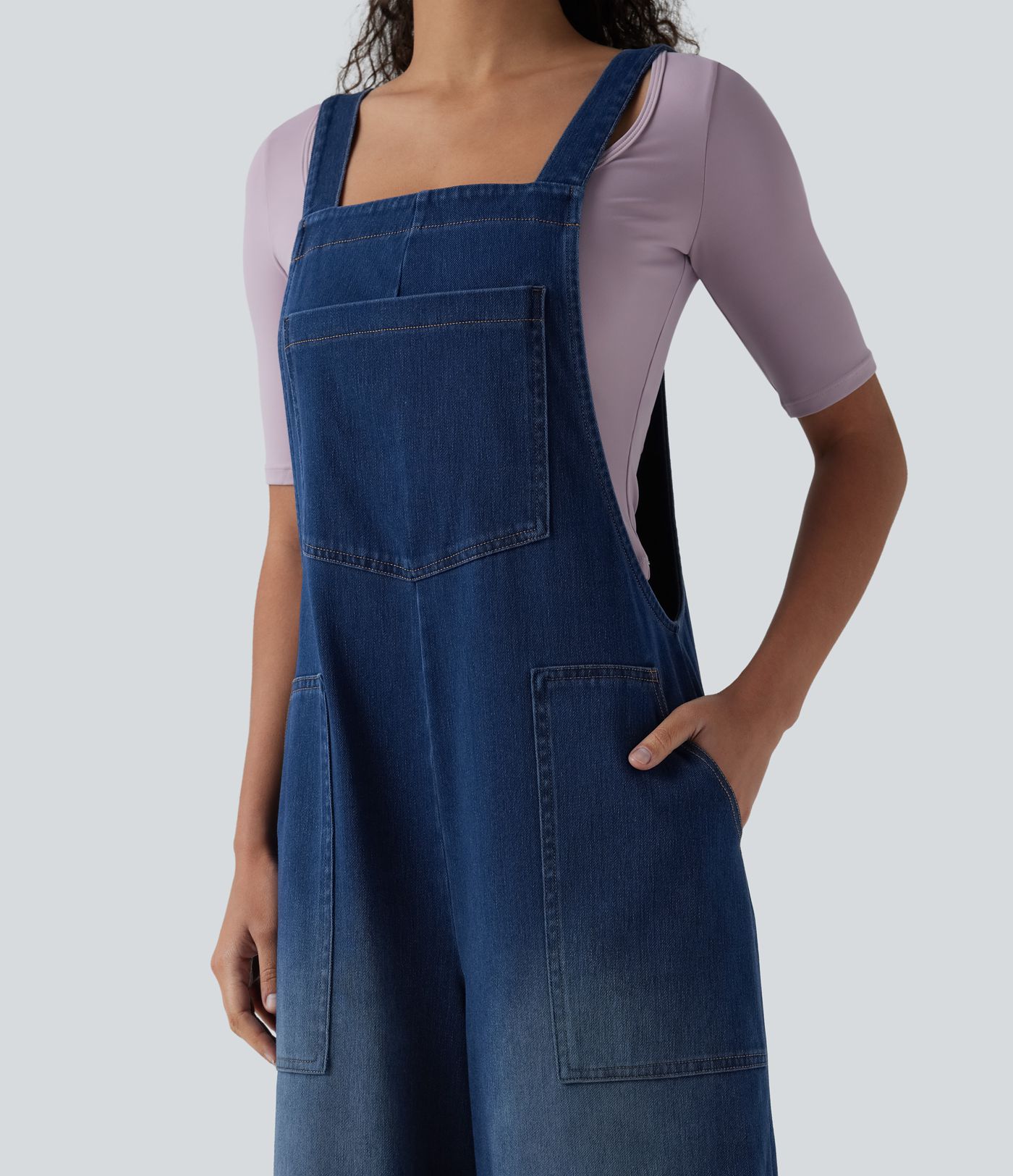 Halara Flex™ Square Neck Washed Denim Casual Overalls with Pockets