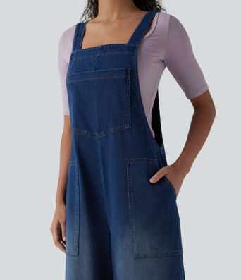Halara Flex™ Square Neck Washed Denim Casual Overalls with Pockets
