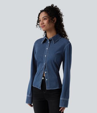 Halara Flex™ Long Sleeve Draped Lyocell Denim Casual Shirt