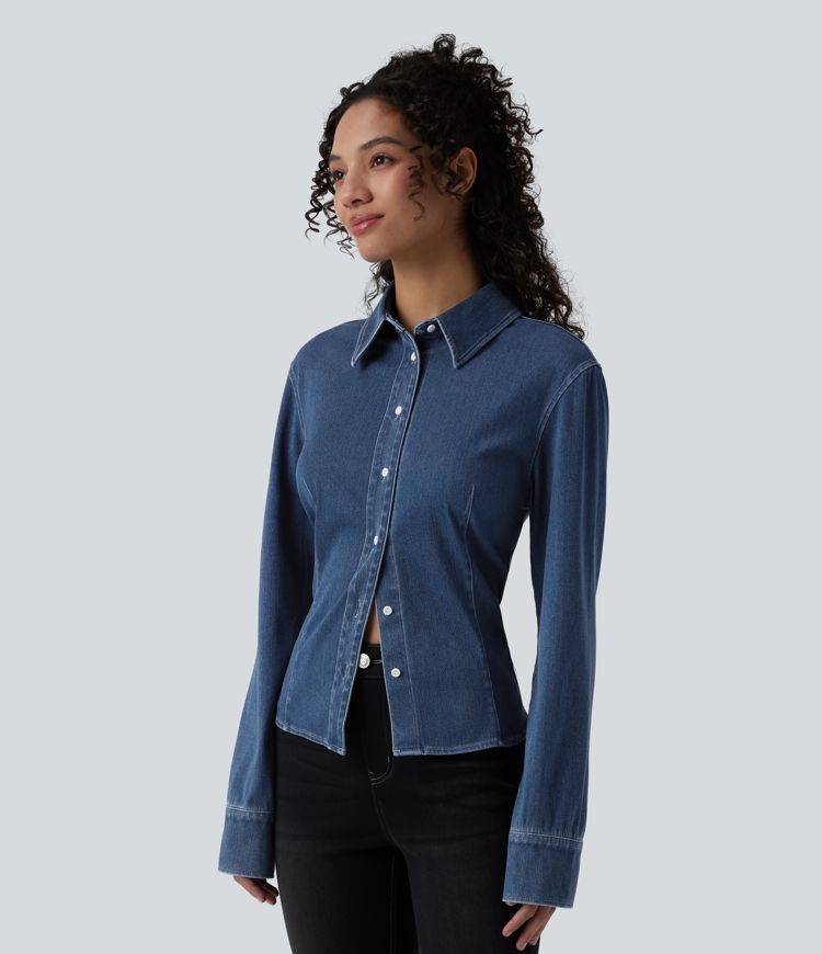Halara Flex™ Long Sleeve Draped Lyocell Denim Casual Shirt