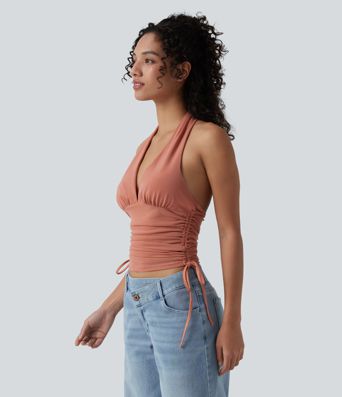 Deep V Neck Backless Ruched Drawstring Casual Halter Top
