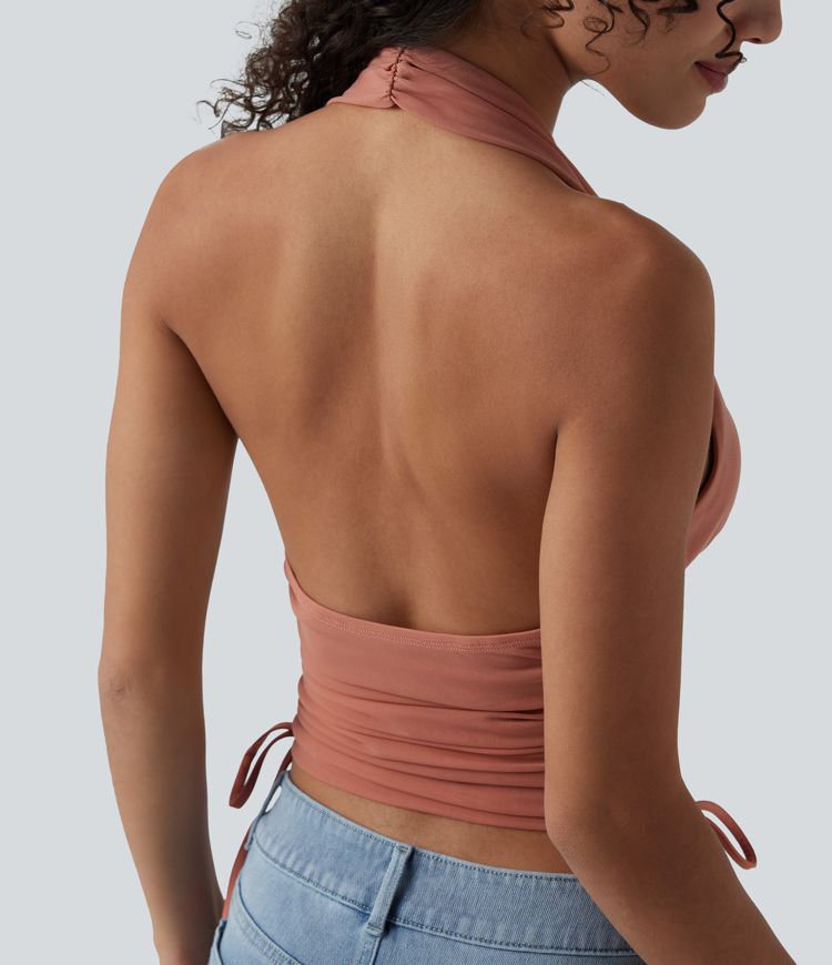 Deep V Neck Backless Ruched Drawstring Casual Halter Top