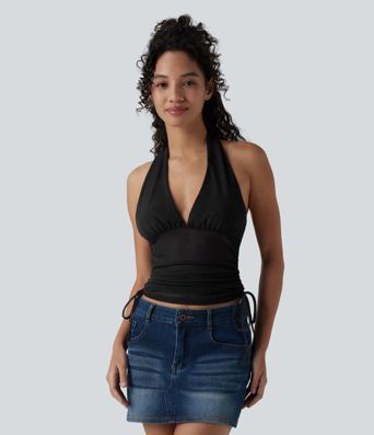 Deep V Neck Backless Ruched Drawstring Casual Halter Top