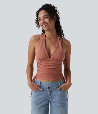 Deep V Neck Backless Ruched Drawstring Casual Halter Top