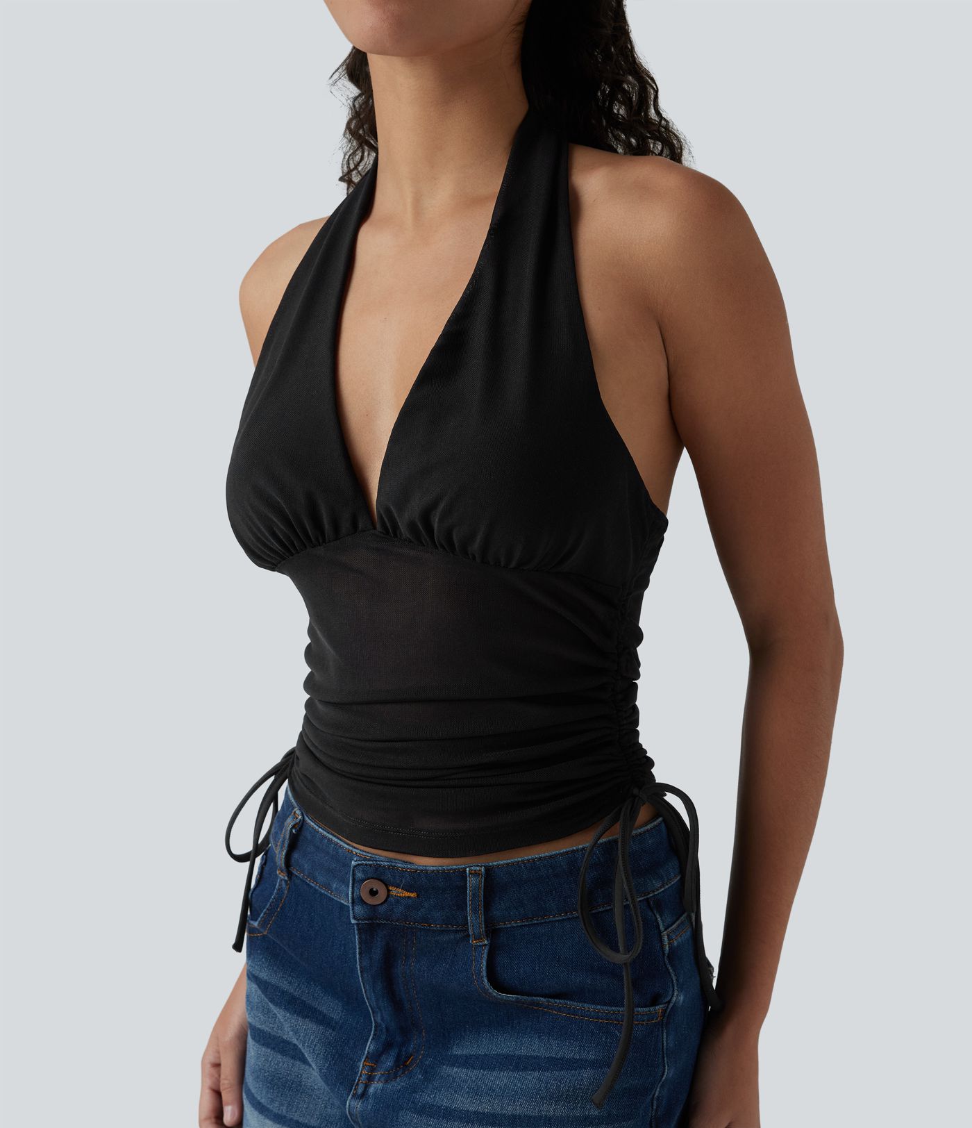 Deep V Neck Backless Ruched Drawstring Casual Halter Top