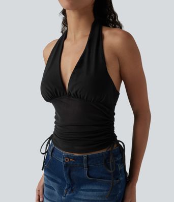 Deep V Neck Backless Ruched Drawstring Casual Halter Top