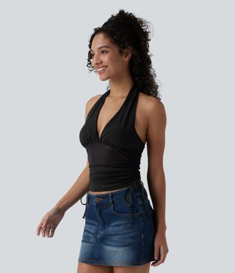 Deep V Neck Backless Ruched Drawstring Casual Halter Top