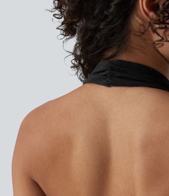 Deep V Neck Backless Ruched Drawstring Casual Halter Top