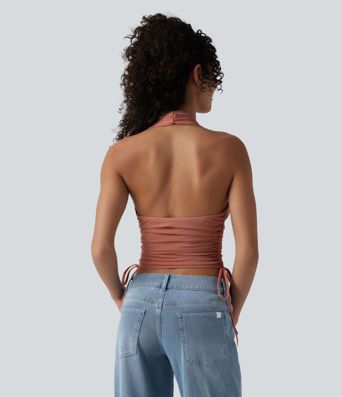 Deep V Neck Backless Ruched Drawstring Casual Halter Top