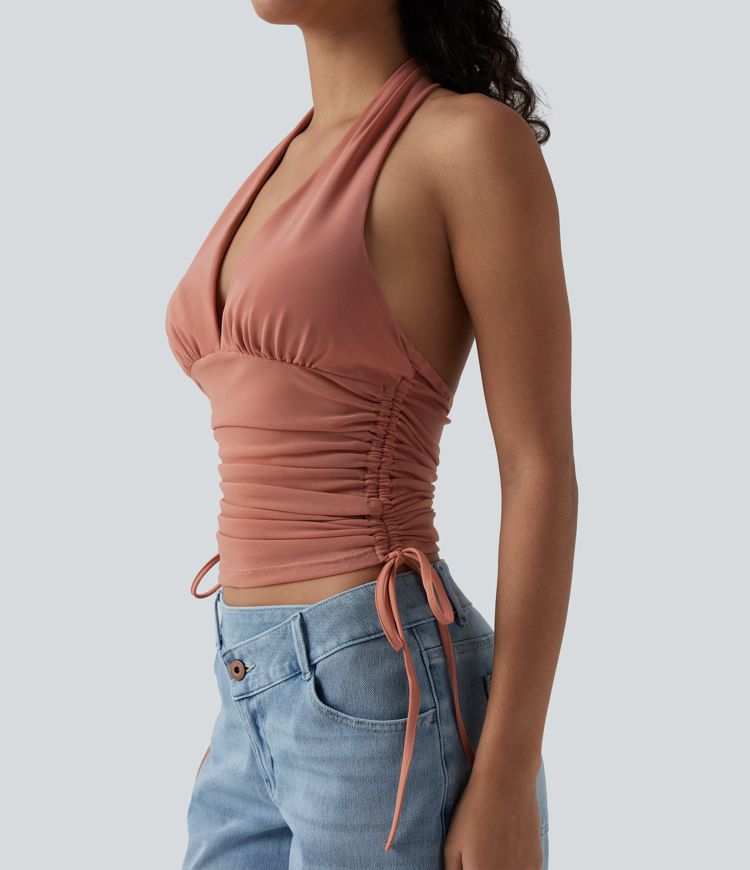 Deep V Neck Backless Ruched Drawstring Casual Halter Top