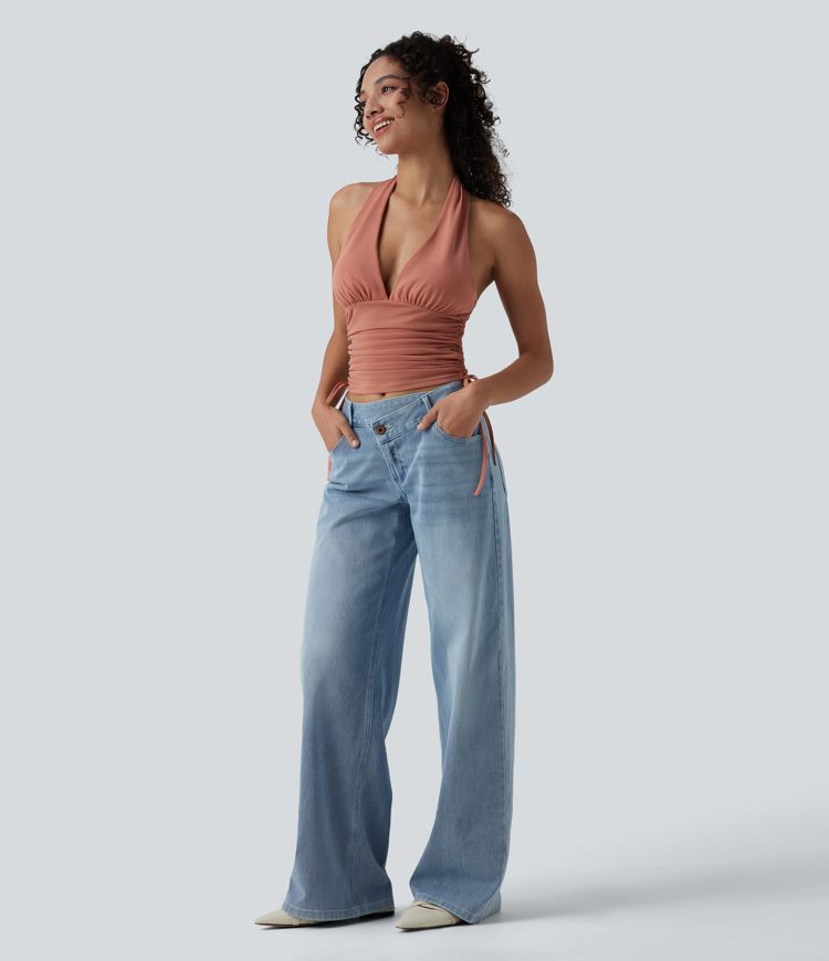 Deep V Neck Backless Ruched Drawstring Casual Halter Top