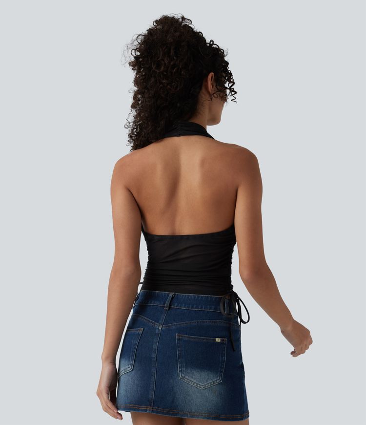 Deep V Neck Backless Ruched Drawstring Casual Halter Top