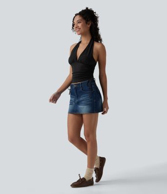 Deep V Neck Backless Ruched Drawstring Casual Halter Top