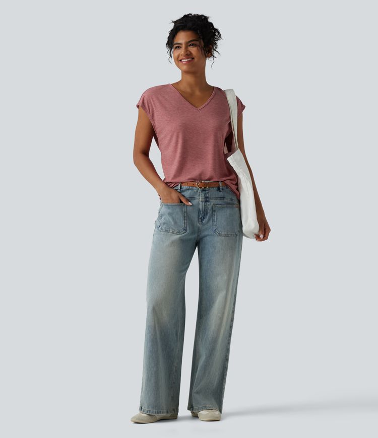 V Neck Short Sleeve Relaxed Heathered Casual T-Shirt